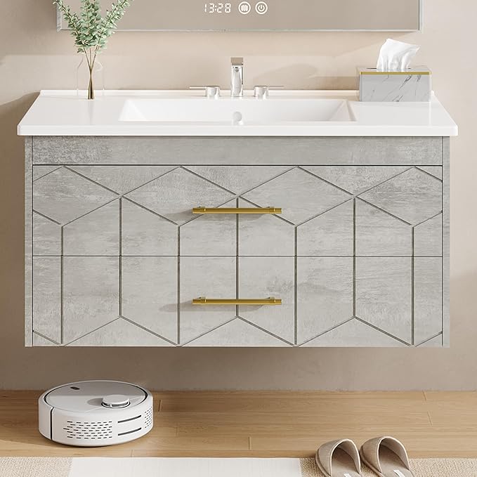 Garvee 36" Bathroom Vanity with Sink, Floating Bathroom Vanity with Ceramic Basin, 2 Large Storage Drawers with Gold Metal Handle, Modern Wall Mounted Bathroom Cabinet with Sink, Grey