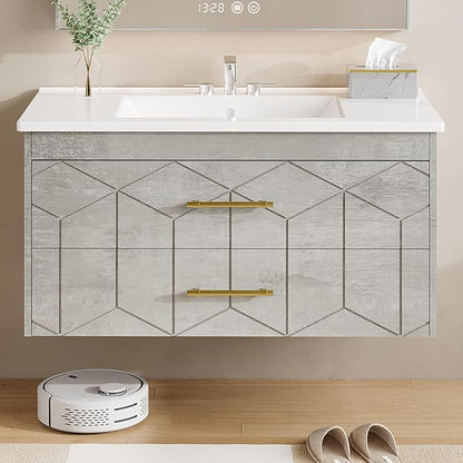 Garvee 36" Bathroom Vanity with Sink, Floating Bathroom Vanity with Ceramic Basin, 2 Large Storage Drawers with Gold Metal Handle, Modern Wall Mounted Bathroom Cabinet with Sink, Grey