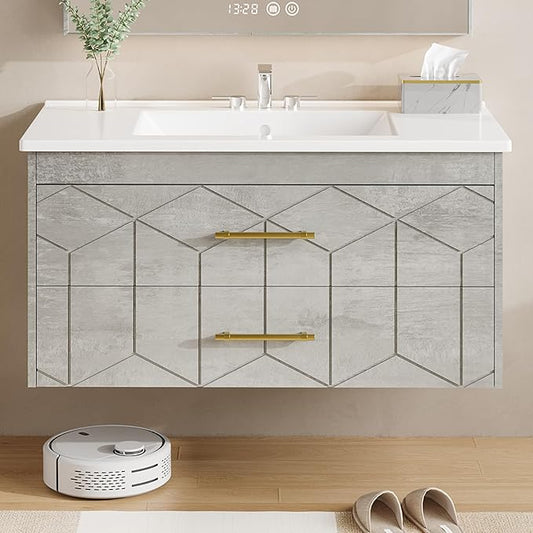 Garvee 36" Bathroom Vanity with Sink, Floating Bathroom Vanity with Ceramic Basin, 2 Large Storage Drawers with Gold Metal Handle, Modern Wall Mounted Bathroom Cabinet with Sink, Grey