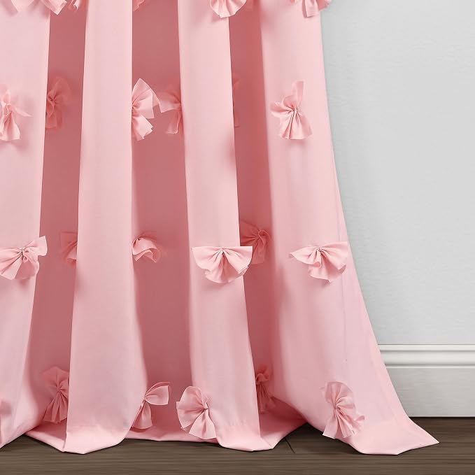 Lush Decor Riley Light Filtering Window Curtain Panel, Single 54" W x 84" L, Pink - Cute Pink Curtains for Bedroom - Bow Decor - Coquette Curtains for Windows