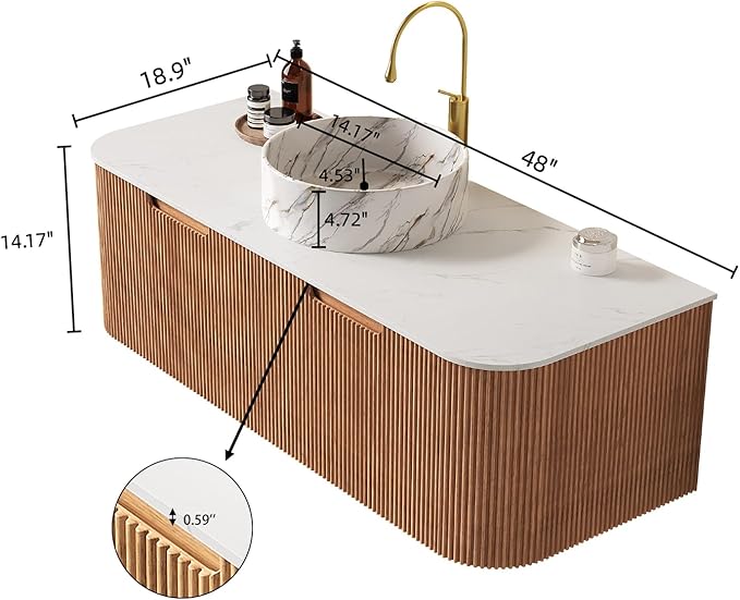 Yayzy 48" Floating Bathroom Vanity with Sink, Solid Wood Fluted Cabinet, White Marble-Patterned Ceramic Basin & Faux Marble Top, Soft-Close Drawer, Pre-Assembled, Natural Woodgrain