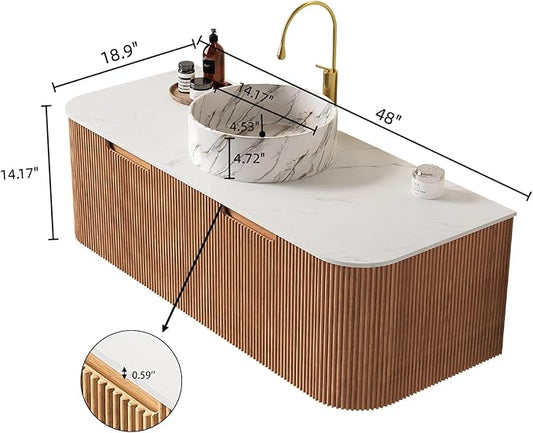 Yayzy 48" Floating Bathroom Vanity with Sink, Solid Wood Fluted Cabinet, White Marble-Patterned Ceramic Basin & Faux Marble Top, Soft-Close Drawer, Pre-Assembled, Natural Woodgrain