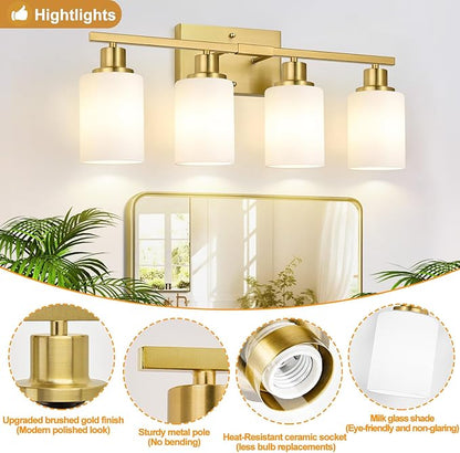 4-Light Bathroom Light Fixtures, Brushed Gold Vanity Lights with Milk Glass Shades, Modern Bathroom Wall Lamp for Mirror Living Room Bedroom Porch