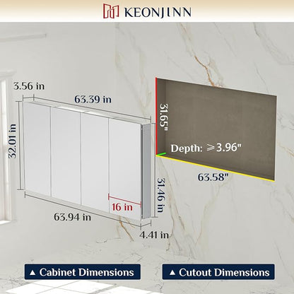 Keonjinn 64 x 32 Inch Oversized Medicine Cabinet Mirror, Adjustable Shelves | Assembly Required, Lightweight Aluminum Frame, Adjustable Shelves, Surface Mount or Recessed, Soft Close, Silver