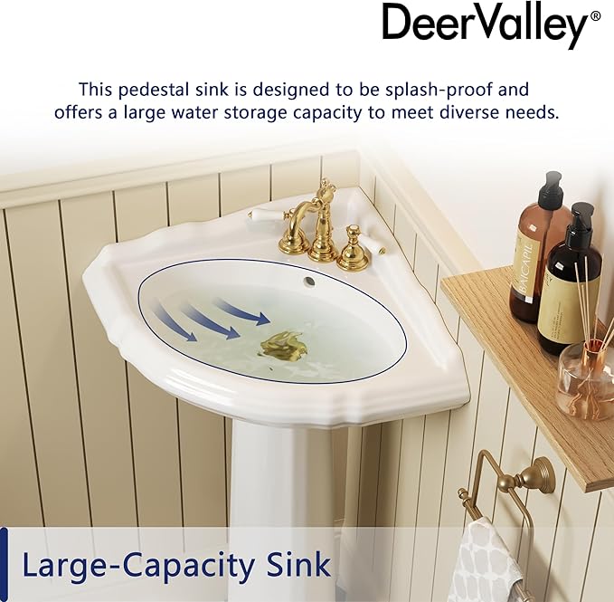 DeerValley White Triangle Corner Pedestal Sink with Overflow, Space-Saving Ceramic Bathroom Sink for Small Spaces and Corner Installation