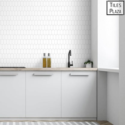 The Tiles Plaza 10-Sheet Peel and Stick Backsplash, 12" x 11.5" White Long Hexagon Self-Adhesive Wall Tile, Stone Composite Stick On Decorative Mosaic Tile for Kitchen Bathroom Fireplace