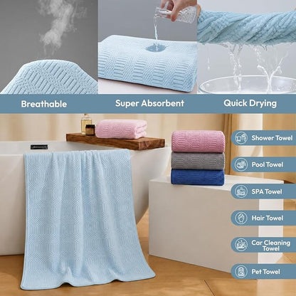 JML Microfiber Bath Towels, 2 Pack, 27x55 in, Light Blue | Soft, Super Absorbent, Quick Dry, Lint-Free, Lightweight Bathroom Towel with Hanging Loop for Daily Use