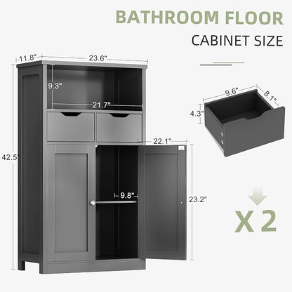 Shintenchi Floor Storage Cabinet, Bathroom Storage Organizer with Doors and Drawers, Freestanding Side Cupboard Pantry with Adjustable Shelf for Bathroom/Kitchen/Livingroom, Gray