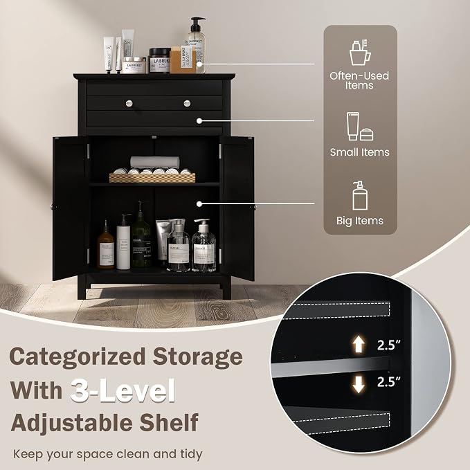 Giantex Bathroom Storage Cabinet with Drawer - Floor Cabinet with Doors, Adjustable Shelf, Storage Organizer for Entryway, Kitchen, Living Room, Freestanding Cupboard (Black)