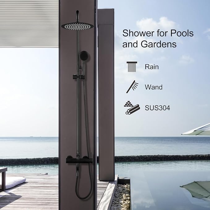 Matte Black Outdoor Shower Kit - SS304 Shower Head with Handheld, High Pressure, Complete Shower System with Enclosure and Fixtures