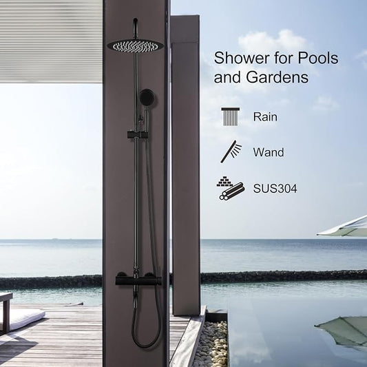 Matte Black Outdoor Shower Kit - SS304 Shower Head with Handheld, High Pressure, Complete Shower System with Enclosure and Fixtures