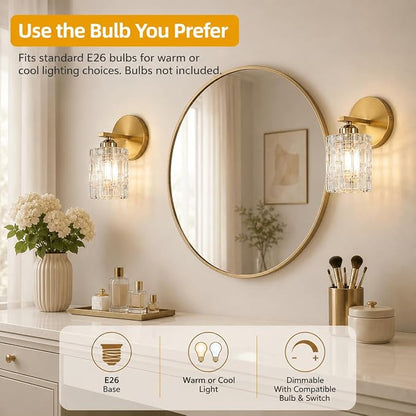 2-Pack 1-Light Modern Matte Black Crystal Wall Sconces, Hardwired Indoor Bathroom Vanity Light Fixtures, Crystal Over Mirror Lamps for Living Room, Bedroom, Hallway