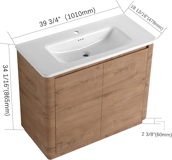40-Inch Bathroom Vanity with Sink Mid-Century Bathroom Vanities with Top Basin Floor Wood Bathroom Sink Cabinet with Soft-Close Doors & Adjustable Storage Shelves (Brown)