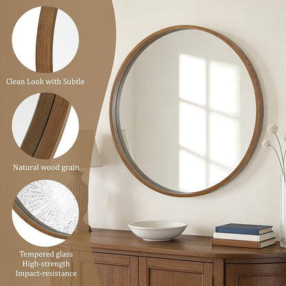 Round Wood Mirror, 32" Round Modern Decoration Large Circle Wall Mirror for Bathroom Living Room Bedroom Entryway, Walnut