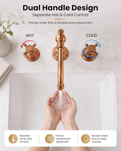 gotonovo 3 Hole 8’’ Widespread Bathroom Sink Faucet Rose Gold | Vintage Bathroom Faucet,2 Cross Handle,6-16’’ Sink,Vanity,Basin,RV,Farmhouse,SUS304,24’’ cUPC Hose Pop Up Drain,Deck Mount