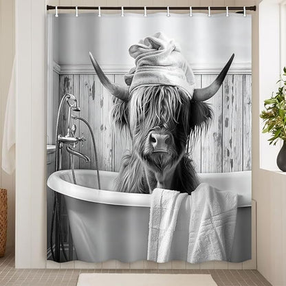 Highland Cow Shower Curtain, Funny Black & White Cow in Bathtub with Towel Rustic Bathroom Decor, Waterproof Washable Polyester Fabric, with Hooks for Farmhouse Bathroom Decorations 48X72inch.