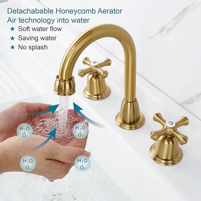 RKF Bathroom Faucets for Sink 3 Hole Gold 8 inch Widespread Bathroom Sink Faucet with Drain 2 Handles Cross Knobs Faucet Vanity Faucet Basin Mixer Tap with Hose & Deck CWF039-BG