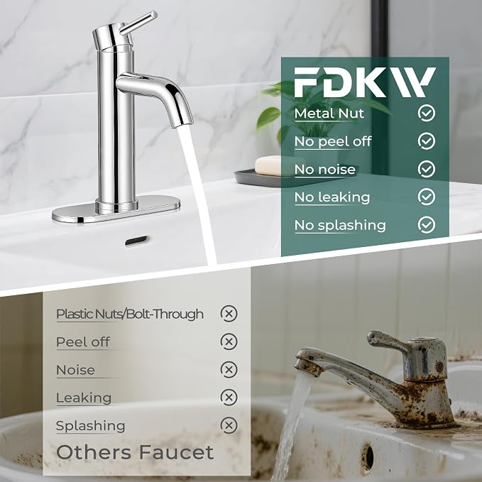 Bathroom Faucet, Single Handle Vanity Sink Faucet, Chrome | Chrome, for 1/3-Hole, Stainless Steel, Ceramic Cartridge, Pop-Up Drain, Deck Plate, For Vanity Powder Laundry