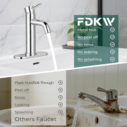 Bathroom Faucet, Single Handle Vanity Sink Faucet, Chrome | Chrome, for 1/3-Hole, Stainless Steel, Ceramic Cartridge, Pop-Up Drain, Deck Plate, For Vanity Powder Laundry