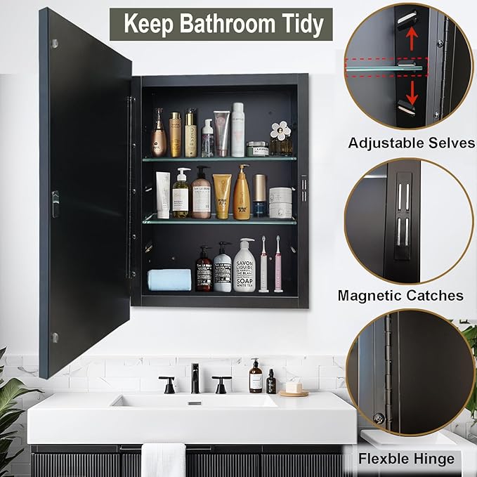 Recessed Medicine Cabinets with Mirror, Black Bathroom Mirror with Storage, Rectangle Medicine Cabinet Vanity Mirrors, Farmhouse Metal Framed Wall Mirror Recessed or Surface Mount, 24x30 Inch