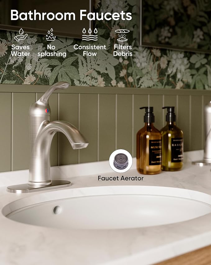 Brushed Nickel Bathroom Faucet 1 Hole One-Handle Lever Bathroom Sink Faucet | Bath Rustic Lavatory Basin Mixer Tap with Pop Up Drain with Overflow Supply Hose by Homevacious