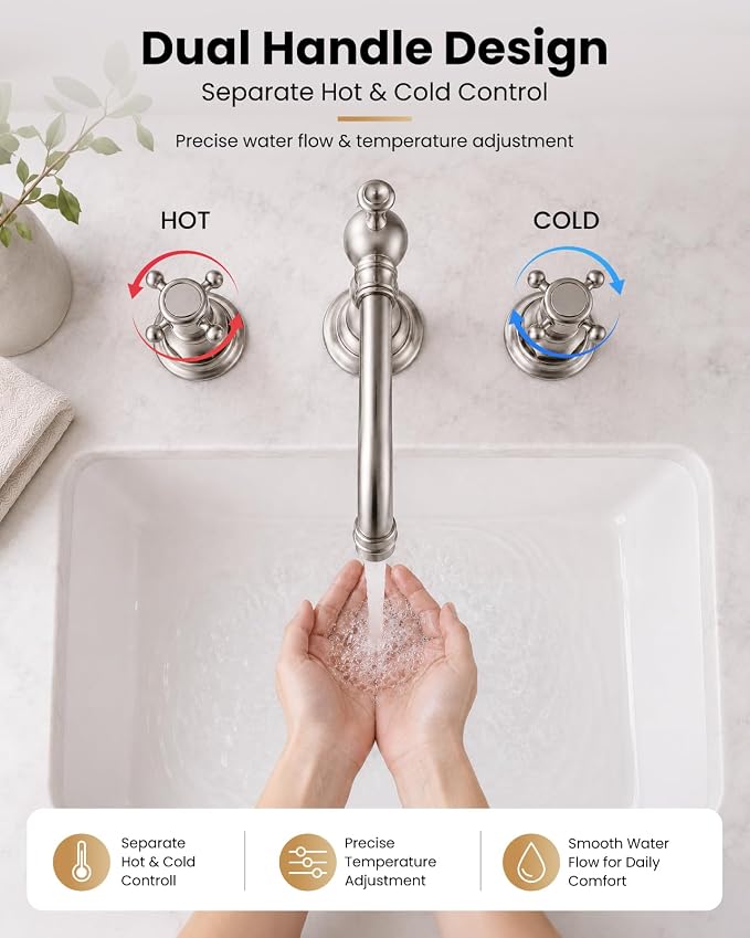 gotonovo 3 Hole 8’’ Widespread Bathroom Sink Faucet Brushed Nickel | Vintage Bathroom Faucet,2 Cross Handle,6-16’’ Sink,Vanity,Basin,RV,Farmhouse,SUS304,24’’ cUPC Hose Pop Up Drain,Deck Mount