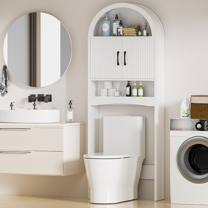 Spurgehom Arch Over The Toilet Storage Cabinet,Bathroom Organizer, White | Freestanding Bathroom Shelf Equipped with Anti-Tipping Device, Space-Saving Toiletries Storage Cabinet