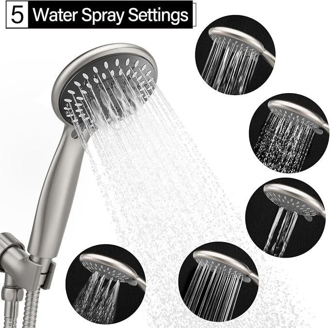 Shower Head with Handheld, 5-Settings Showerhead High Pressure Powerful Water Spray Shower Head Set with 59 Inch Stainless Steel Hose and Bracket, Brushed Nickel