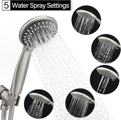 Shower Head with Handheld, 5-Settings Showerhead High Pressure Powerful Water Spray Shower Head Set with 59 Inch Stainless Steel Hose and Bracket, Brushed Nickel