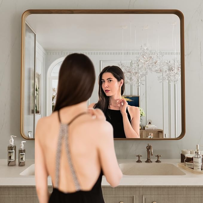 LOAAO 40X30 Inch Bathroom Mirror with Wood Grain Colored Metal Frame | Rounded Rectangle Metal Framed, Anti-Rust, Hangs Horizontally or Vertically, Tempered Glass