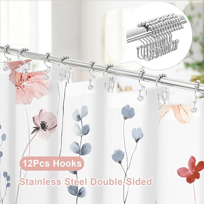 Long 3 in 1 Shower Curtain Set, 72x78 | Long 3 in 1 Shower Curtain Set, PEVA Liner Set & 12 Double Sided Steel Hooks, Waterproof Fabric Bathroom Curtain
