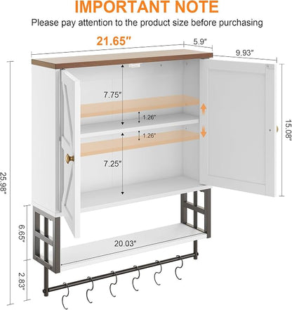Wall Mounted Bathroom Storage Large Farmhouse Medicine Cabinet | 2 Doors & Adjustable Shelves 5 Hooks, 3-Tier for Over-Toilet, Laundry, Living, Bedroom, Kitchen, Space Saving