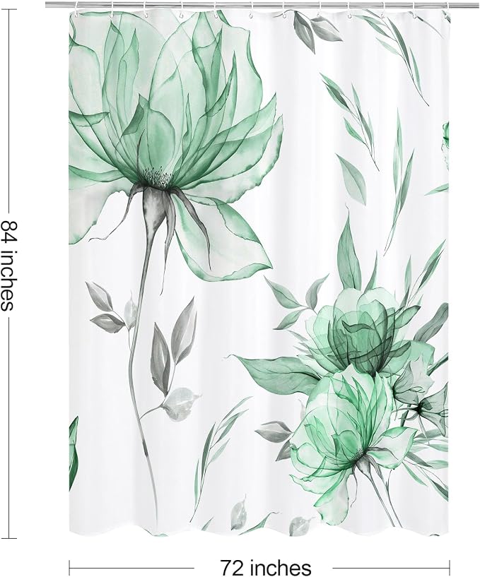Litabel Extra Long Boho Watercolor Floral Shower Curtain 72 x 84, Mint Green Painting Style Flower Shower Curtains for Chic Elegant Bathroom, Artistic XL Modern Fabric Cloth Shower Curtain