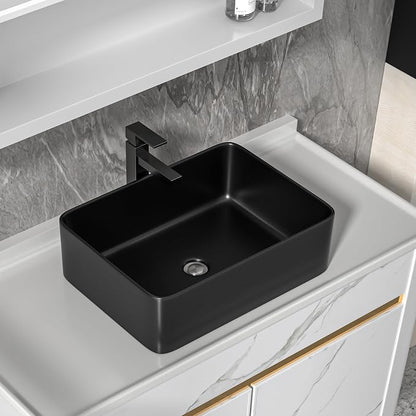 19"x15" Black Bathroom Vessel Sink Rectangular - Matte Black Porcelain Ceramic Rectangle Above Counter Vanity Lavatory Bath Sink Art Basin