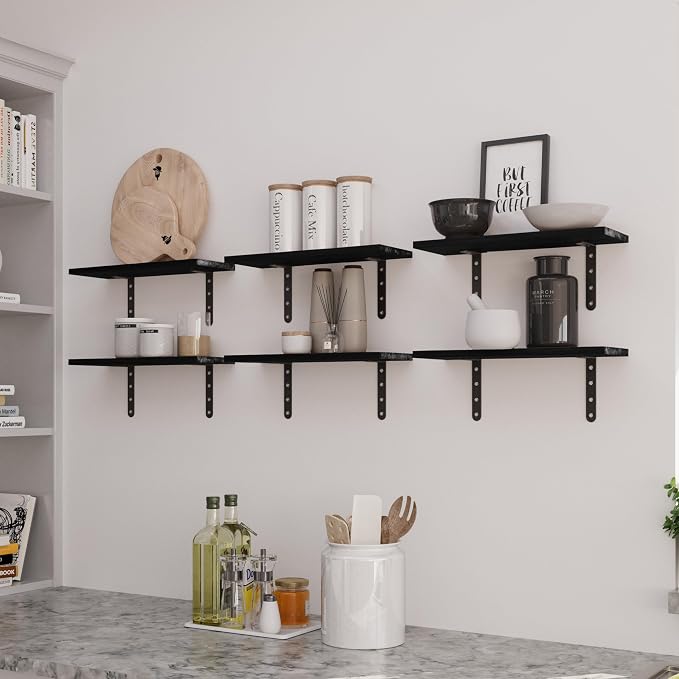 Lavish Home Floating Shelves - Set of 6 Shelves for Living Room, Kitchen, Bedroom, or Bathroom Decor - Wood Floating Shelves for Wall - Farmhouse Wall Décor (Black)