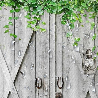 Rustic Wooden Board Barn Door Shower Curtain Sets for Bathroom, Vintage Farmhouse Wooden Theme Plank Green Leaves Bath Curtain, Fabric Grass and Flowers Spring Decoration Curtains with Hooks 72X84IN