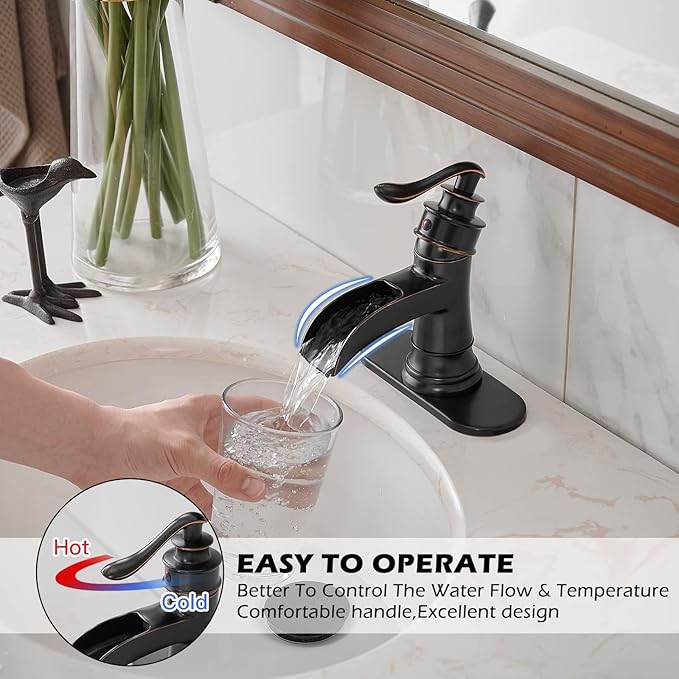 BWE Oil Rubbed Bronze Bathroom Sink Faucet with 1.2 GPM Flow Rate Waterfall Vanity Sink Faucet Single Handle Mixer Tap with Pop Up Drain Stopper Assembly Water Supply Hose