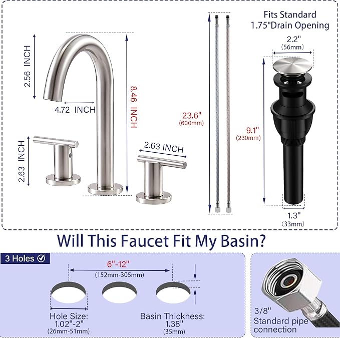 Brushed Nickel Bathroom Faucet 3 Hole, VAPSINT 8 Inch Widespread Bathroom Sink Faucet, 2 Handle Modern Bathroom Faucets for Vanity Lavatory RV Restroom with Pop Up Drain & Supply Hoses, VAP-BF311