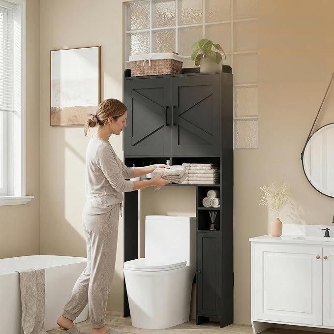 Homhedy Over The Toilet Storage Cabinet with 2 Barn Door and Toilet Paper Holder Stand, FreeStanding Toilet Shelf Space Saver, for Bathroom, Restroom, Laundry, Black
