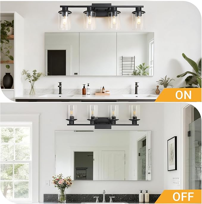 LOUSACE 4 Light Bathroom Vanity Light, 27" Black Vanity Lighting Fixture Over Mirror with Clear Glass Shade, E26 Base
