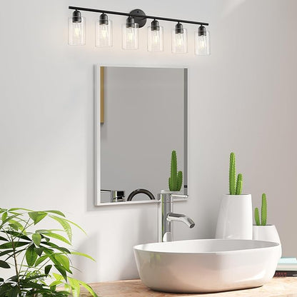 Espird 6 Lights Bathroom Vanity Light Fixtures Matte Black,Rustic Farmhouse Vanity Lighting Over Mirror Modern Industrial Lamp with Cylinder Glass Shade UL Certified