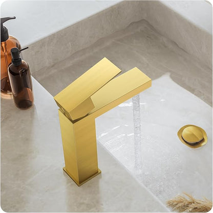 Phiestina Single Hole Brushed Gold Square Single Handle Bathroom Vanity Faucet with Metal pop up Drain with Deck Plate, Overflow & Water Supply line,BF3530-BG
