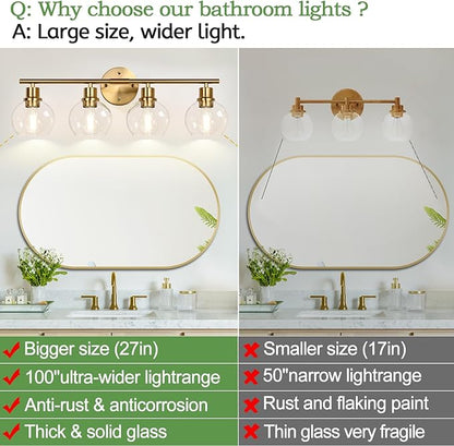 4-Light Bathroom Light Fixtures,Gold Modern Vanity Lights Over Mirror with Clear Glass Globe Shade, Bathroom Wall Sconces for Mirror Kitchen Living Room Hallway Cabinet Bedroom Porch