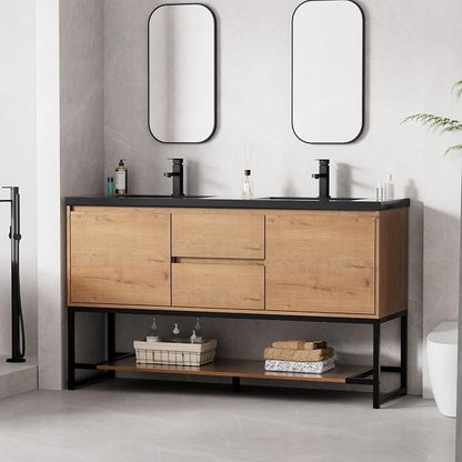 LUCKWIND 60" Modern Bathroom Vanity with Dual Black Sink Combo, Freestanding Storage Cabinet with Metal Frame, Water-Saving Faucet and Open Shelf and 2 Soft-Closing Door, Natural