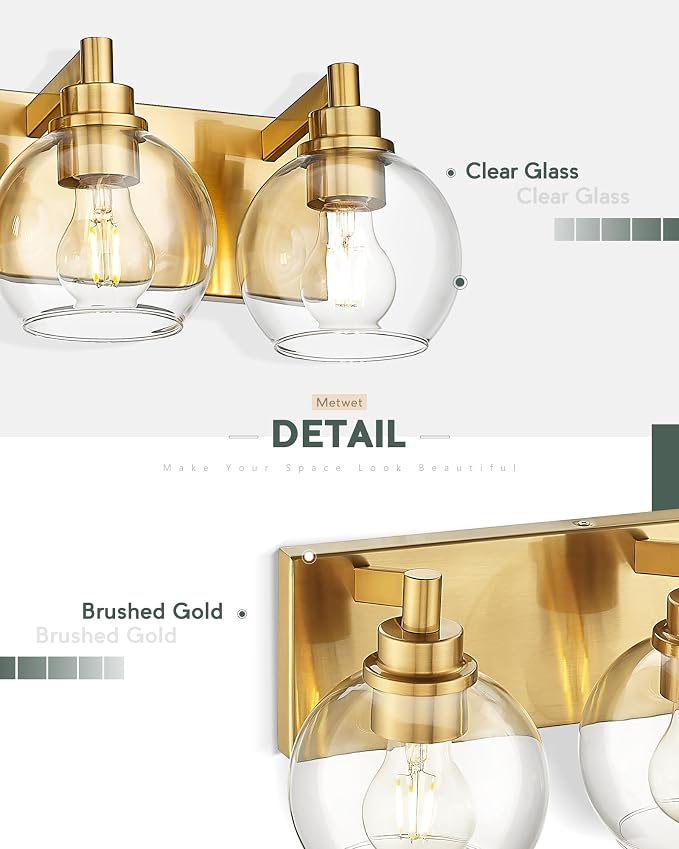 5-Light Brushed Gold Bathroom Vanity Light, Clear Glass Globe Shade | 32" modern bathroom light fixtures over mirror, E26 base, bulbs not included, VL195-BG-CL-5