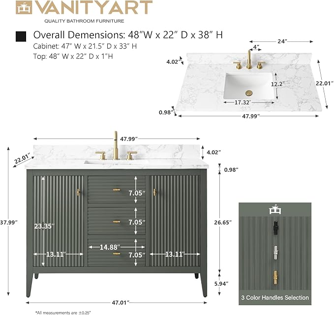 Vanity Art 48 inch Bathroom Vanity with Single Sink & Ceramic Top, Vanity Cabinet with Soft-Closing Door, Solid Wood Frame, Linear Pattern, Vintage Green, Golden Brushed Handware VA9148-VG-GB