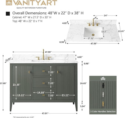 Vanity Art 48 inch Bathroom Vanity with Single Sink & Ceramic Top, Vanity Cabinet with Soft-Closing Door, Solid Wood Frame, Linear Pattern, Vintage Green, Golden Brushed Handware VA9148-VG-GB