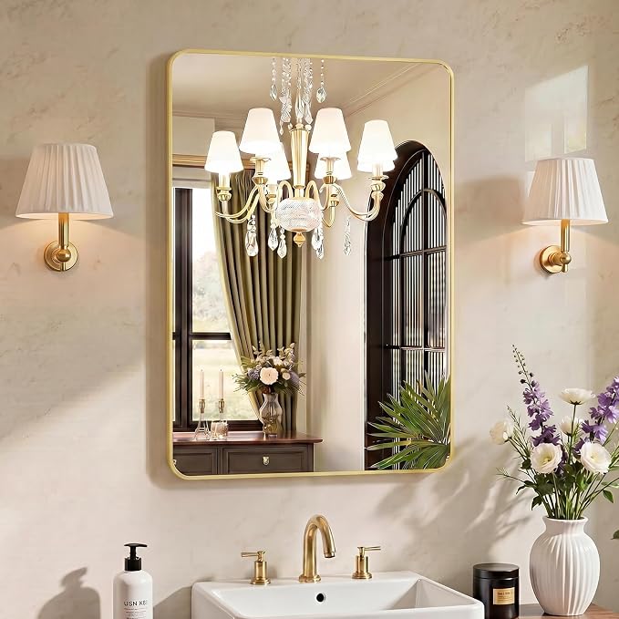 OLIXIS 36x24 Inch Bathroom Wall Mount Mirror with Rounded Rectangle, Gold | Modern Wall Vanity Mirrors for Over Sink with Matte Brush Metal Framed, for Home Decor, Living Room, Bedroom