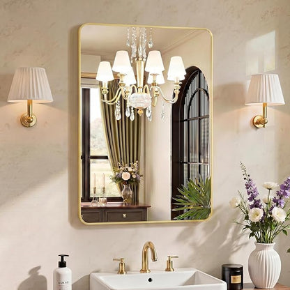 OLIXIS 36x24 Inch Bathroom Wall Mount Mirror with Rounded Rectangle, Gold | Modern Wall Vanity Mirrors for Over Sink with Matte Brush Metal Framed, for Home Decor, Living Room, Bedroom