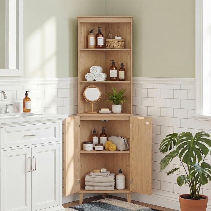 Giantex 68" Tall Corner Cabinet with Fluted Doors (Oak) | Modern Bathroom Floor Storage Cabinet, 6-Tier Space Saver Display Shelves for Kitchen, Living Room, Hallway, Laundry